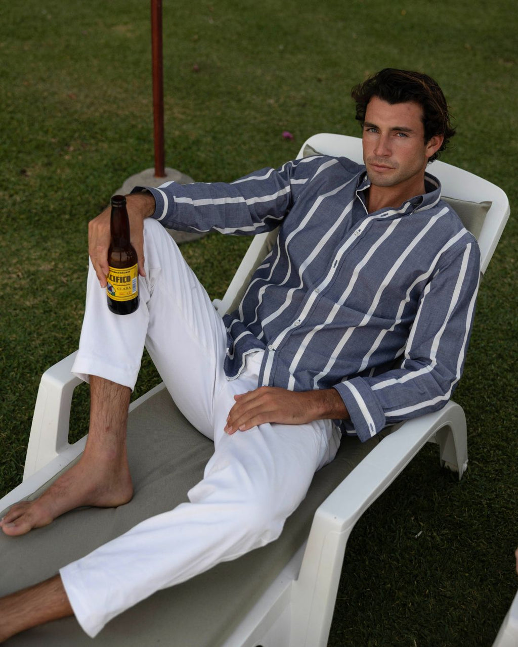 Navy Wide Stripe Summer Chambray Shirt